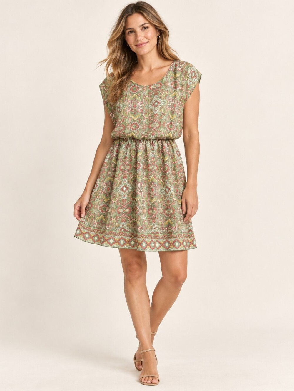 Tacera Paisley Print Mini Dress Green Pink Boho Retro Size Large